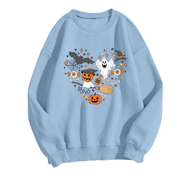NMMUED Women Halloween Sweatshirt, Halloween Shirts for Women, Y2k Tops for Women, Crew Neck Sweatshirts Women, Embroidered Tops for Women, Halloween Tshirts Women, Light Blue M