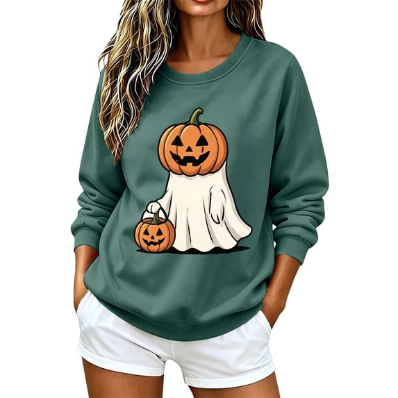 NMMUED Women Halloween Sweatshirts Cute Pumpkin Print Black Cat Pumpkin Sweatshirt Crewneck Sweatshirts Women Halloween Clothes Green M