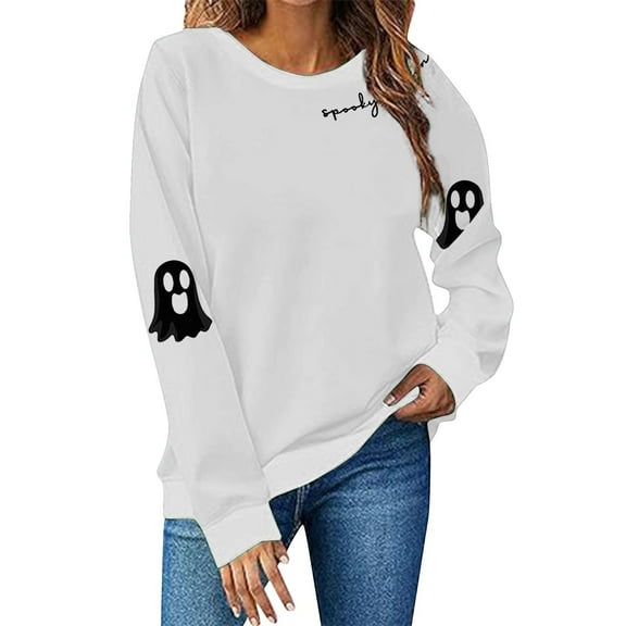 NMMUED Women Halloween Sweatshirts, Cute Sweatshirts, Halloween T Shirts for Women, Oversized Shirts for Women, Oversized Halloween Sweatshirt for Women, Y2k Long Sleeve Top, White L