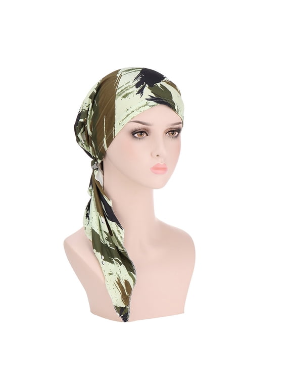Women Long Tail Turban African Headwrap Pre-tied Beanie Chemo Cancer Cap Hair Loss Cover Bonnet Army Green M
