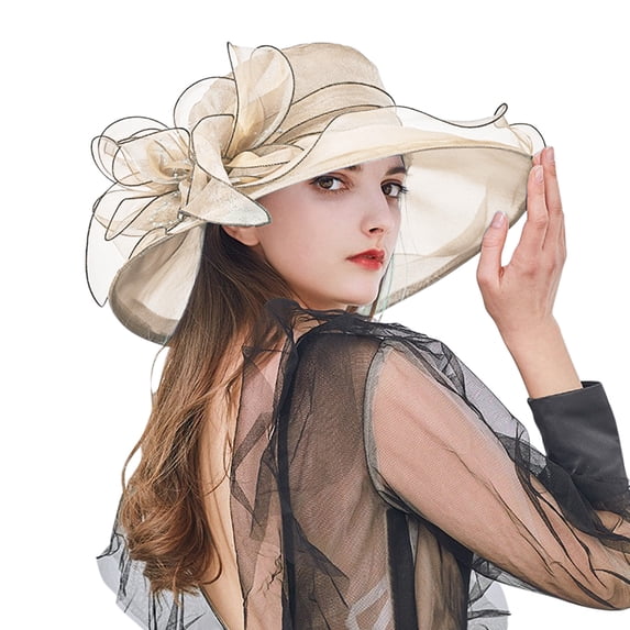 NMMUED Women Organza Church Derby Hat Wide Brim Sun Hats for Wedding Tea Party Fascinator Hat Beige One Size