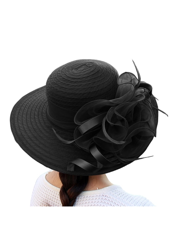 Women Organza Kentucky Church Derby Hat Wedding Occasion Floral Wide Brim Fascinator Dressy Sun Uv Protection Cap Black One Size