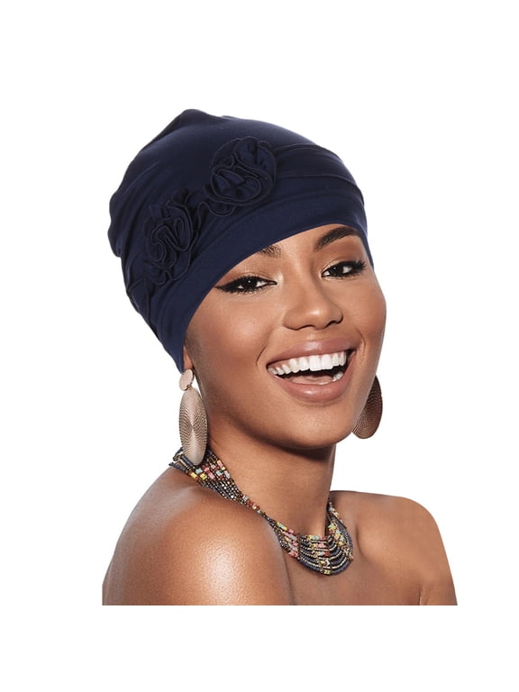 Women Pleated African Turban Pre-tied Beanie Headwrap Chemo Cap Hair Loss Hat Cover Sleep Bonnet Cap Navy One Size
