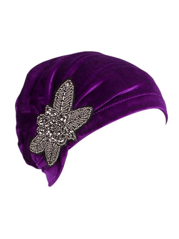 Women Pleated Turban Chemo Cap African Pre-tied Headwrap Hair Loss Beanie Turban Hijab Hat Cover Purple One Size