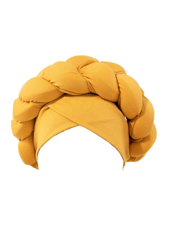 Women Pre-tied Braided Turban Twist African Headwrap Soft Beanie Chemo Hair Cover Cap Hat Gold One Size