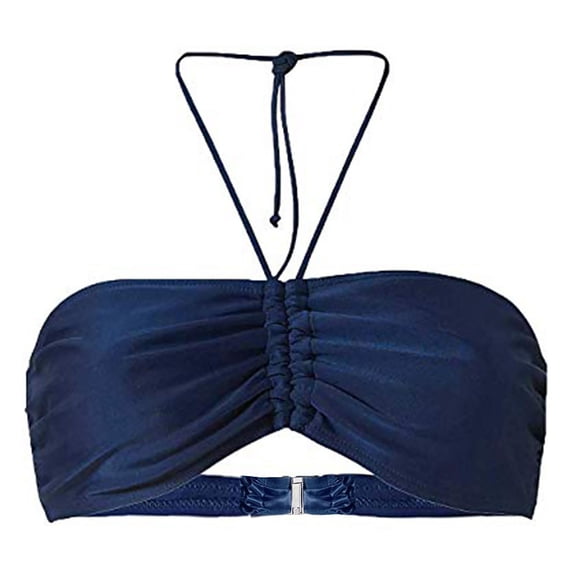 NMMUED Women Swimsuit Tops Bandeau Halter Bikini Top Ruched Tie Neck Bathing Suit Tops Padded Swimwear Separates Summer Vacation Pool Beach Tropical Wear Dark Blue M