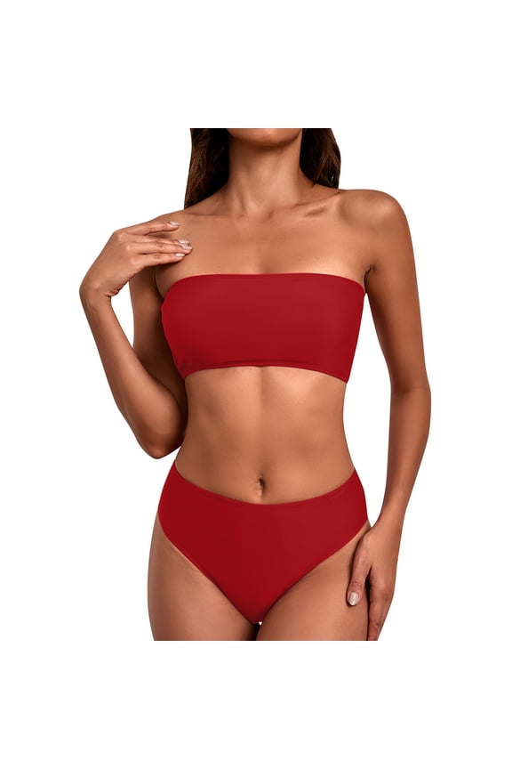 Women Two Piece Bathing Suits Bandeau Bikini Sets Strapless Swimsuit High Waisted Swimwear Solid Color Tube Top Bathing Suit Summer Vacation Cruise Tropical Wear Red 1 XL
