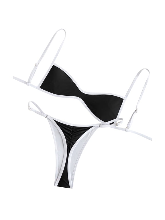 Women Two Piece Bathing Suits Bikini Sets Gingham Plaid Swimsuits Checkered High Cut Bottom Swimwear Elegant Summer Beach Vacation Cruise Tropical Resort Wear Black S