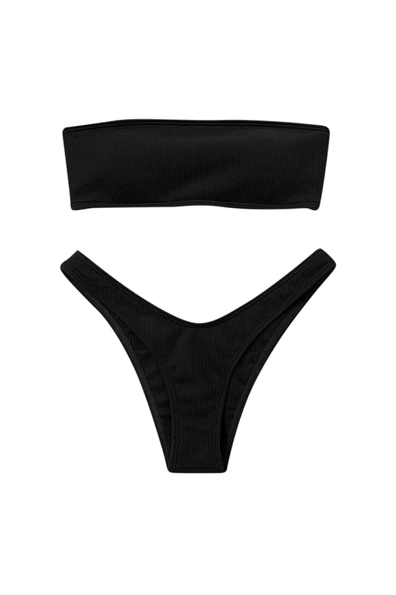 Women Two Piece Bathing Suits Ribbed Bikini Sets Bandeau Strapless Swimsuit High Cut V-cut Swimwear Chic Tube Top Bathing Suit Summer Vacation Tropical Wear Black S