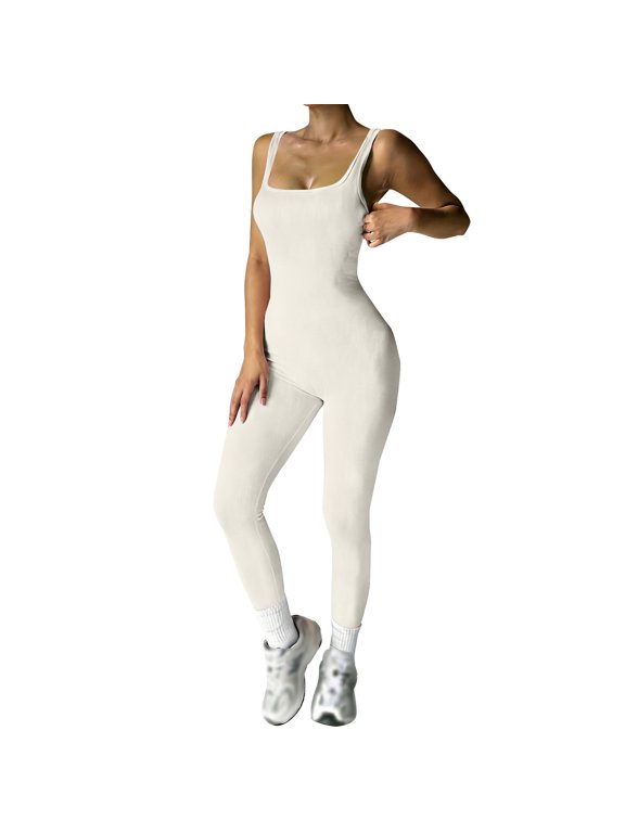 Women Workout Seamless Jumpsuit Yoga Ribbed Bodycon One Piece Tank Top Leggings Romper White M