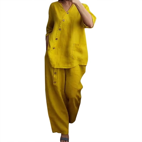 NMMUED Women's 2 Piece Linen Sets Cotton Linen Summer Casual Loose Fit Solid Color 3/4 Sleeve Top Wide Leg Pants Beach Vacation Clothes Summer Matching Set Yellow L