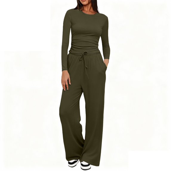 NMMUED Women's 2 Piece Matching Lounge Set Long Sleeve Side Ruching Top Wide Leg Drawstring Pants Set with Pockets Travel Outfits for Women Green XL