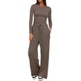 thumbnail image 1 of NMMUED Women's 2 Piece Matching Lounge Set Long Sleeve Side Ruching Top Wide Leg Drawstring Pants Set with Pockets Travel Outfits for Women Khaki S, 1 of 7