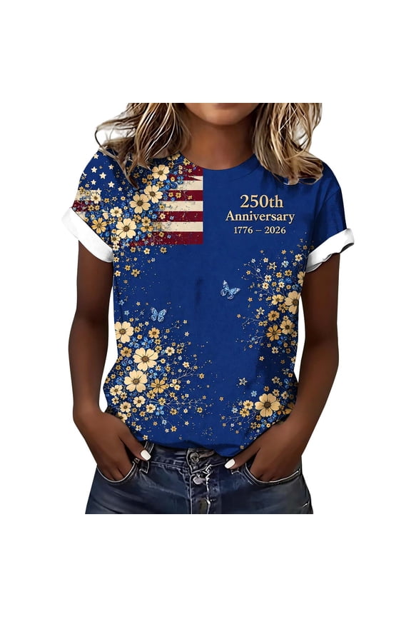 Women's 250th Anniversary Print Shirt 250th Birthday Tunic Tops Crew Neck Graphic Tee Independence Day Shirt Usa Shirts for Women Memorial Day Patriotic Gifts Blue L