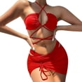 thumbnail image 1 of NMMUED Women's Bathing Suit 3 Piece Swimwear Halter Criss Cross Bikini Set with Skirt Cover Up Ruched Tie Side Summer Vacation Resort Wear Outfit Red L, 1 of 5