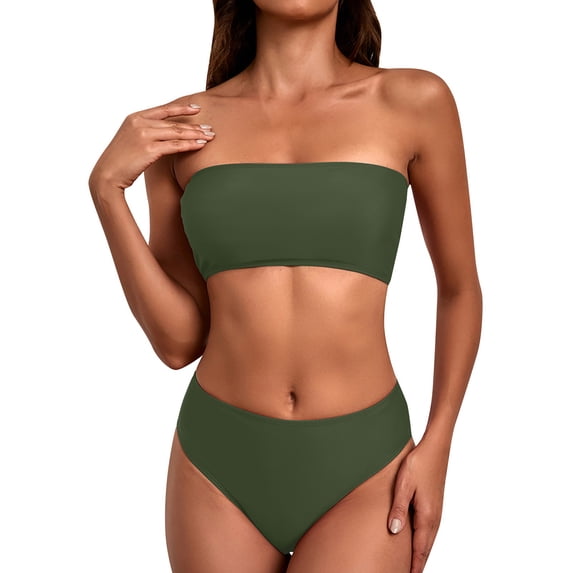 NMMUED Women's Bikini Sets Two Piece Bathing Suits Bandeau Strapless Swimsuits High Waisted Swimwear Solid Color Tube Top Bathing Suit Summer Vacation Poolside Beachwear Army Green L