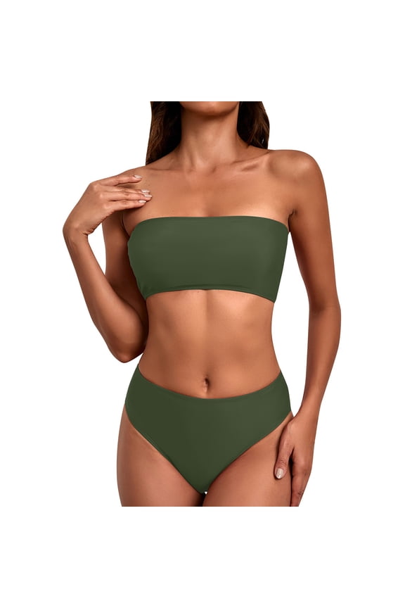 Women's Bikini Sets Two Piece Bathing Suits Bandeau Strapless Swimsuits High Waisted Swimwear Solid Color Tube Top Bathing Suit Summer Vacation Poolside Beachwear Army Green L