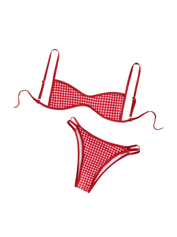 Women's Bikini Sets Two Piece Bathing Suits Gingham Plaid Swimsuits Checkered High Cut Bottom Swimwear Flattering Summer Beach Vacation Cruise Resort Outfits Red M