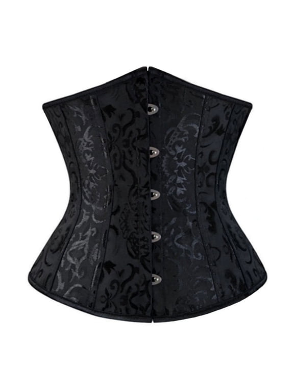 Women's Brocade Underbust Waist Cincher Corset Vintage Floral Lace Up Bodice Bustier Black L