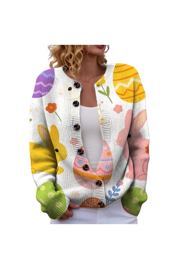 Women's Bunny Eggs Easter Print Button Up Knit Cardigan Lightweight Soft Cozy Casual Spring Sweater Jacket with Pockets - Perfect Holiday Fashion Cardigan Multi-color 1 S