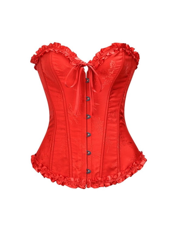 Women's Burlesque Corset Top Overbust Ruffle Trim Bustier Sweetheart Jacquard Bodice Red 1 XXL