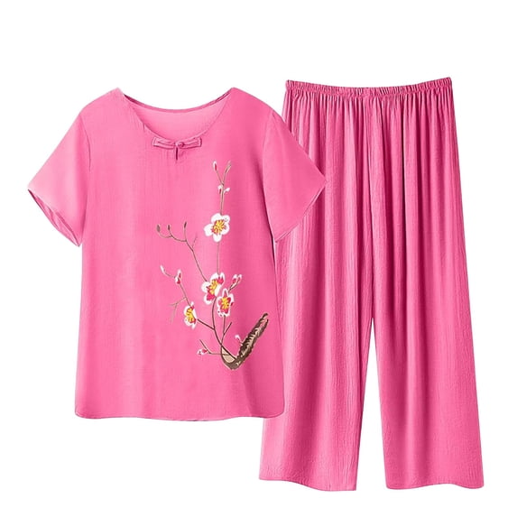 NMMUED Women's Casual Embroidered Cotton Linen Set for Seniors Short Sleeve Top with Delicate Flower Design Wide Leg Pants Lightweight Comfortable Two Piece Lounge Suit Travel Lounge Sets for Women
