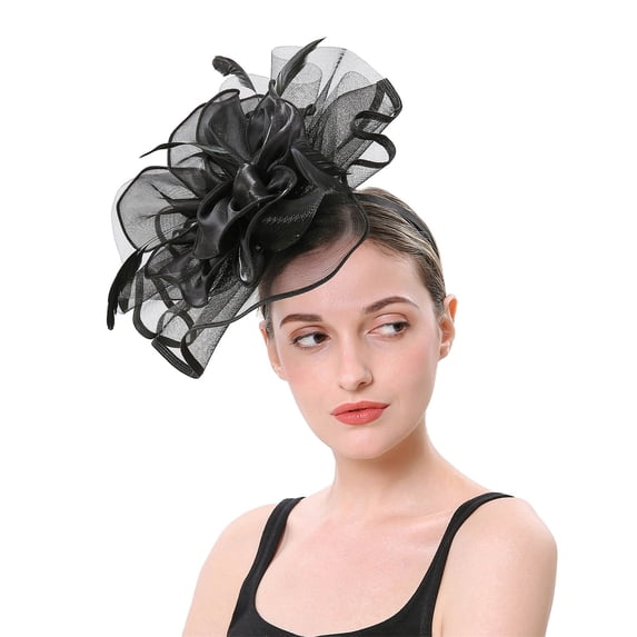 NMMUED Women's Church Hat Fascinator Formal Dress Hat with Mesh Feather Wedding Guest Garden Party Tea Party Elegant Headpiece Black
