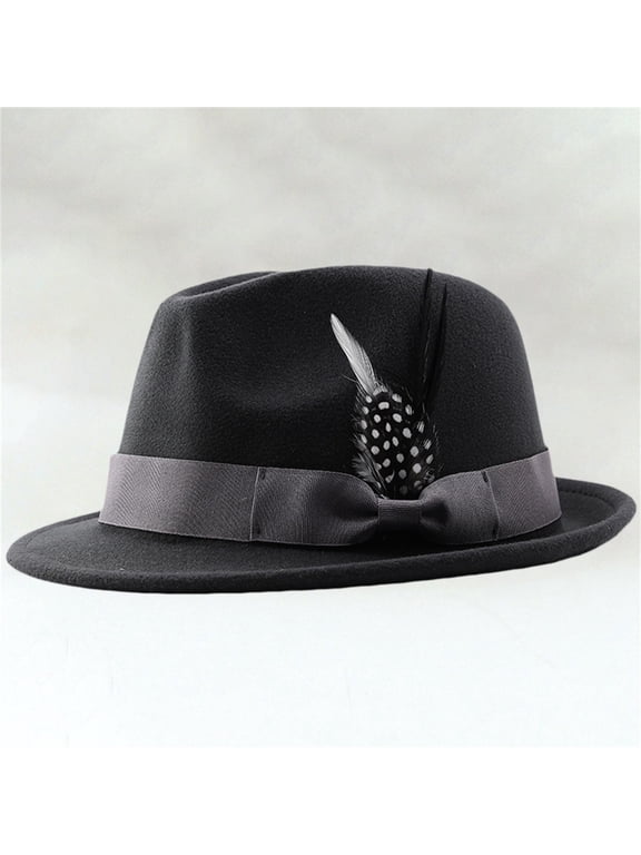 Women's Classic Wide Brim Fedora Hat Men's Vintage Dress Panama Cap with Feather Accessory Dark Gray One Size