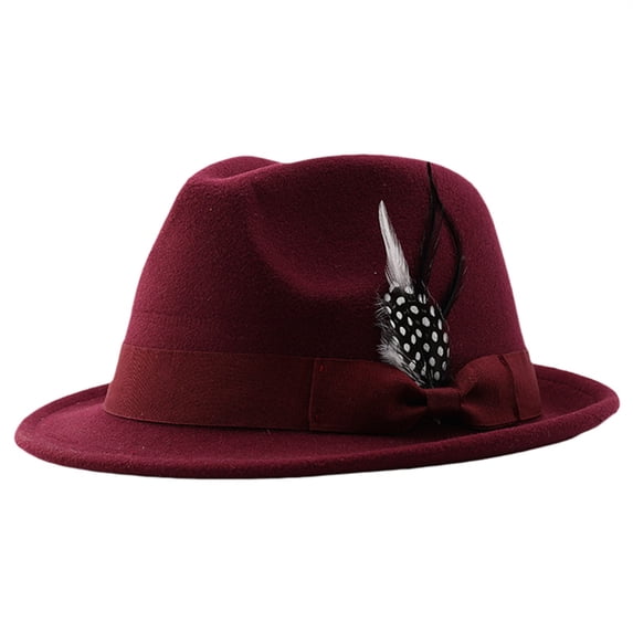 NMMUED Women's Classic Wide Brim Fedora Hat Men's Vintage Dress Panama Cap with Feather Accessory Wine One Size