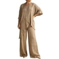 thumbnail image 1 of NMMUED Women’s Cotton Linen 2 Piece Set Summer Casual Lounge Outfit Asymmetrical Draped Top Full Length Wide Leg Pants with Pockets Loose Fit Matching Loungewear Summer Linen Sets for Women, 1 of 5