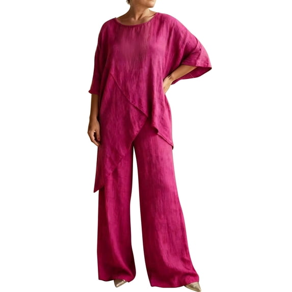 NMMUED Women’s Cotton Linen 2 Piece Set Summer Casual Lounge Outfit Asymmetrical Draped Top Full Length Wide Leg Pants with Pockets Loose Fit Matching Loungewear Linen Outfits Women 2 Piece