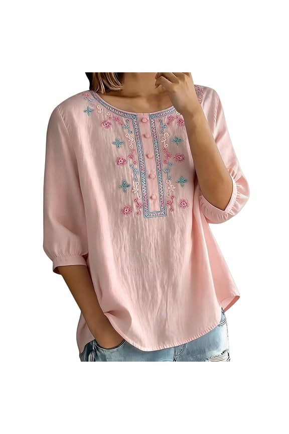 Women's Cotton Linen Bohemian Embroidered Peasant Tops Retro Floral Puff Sleeve Shirts Casual Button Loose Fit Crewneck Summer Tunic Blouses Comfy Tees Pink XXL