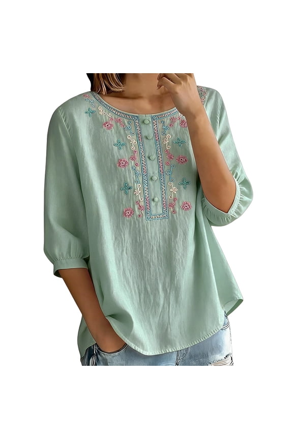 Women's Cotton Linen Bohemian Peasant Blouses Retro Floral Embroidered Puff Sleeve Tops Casual Button Front Loose Fit Summer Tunic Shirts Lightweight Green L