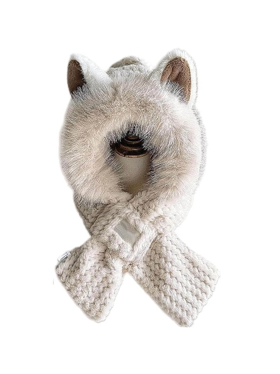 Women's Cute Animal Ear Hooded Scarf Faux Fur Trim Winter Warm Knit Wrap Hat Fluffy Cap Beige One Size