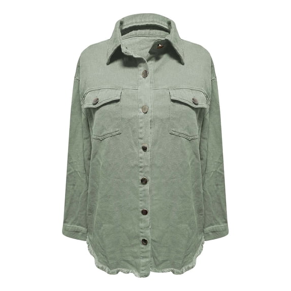NMMUED Women’s Distressed Denim Jacket Long Sleeve Ripped Jean Coat with Frayed Hem, Casual Loose Fit Button Down Outerwear Army Green L