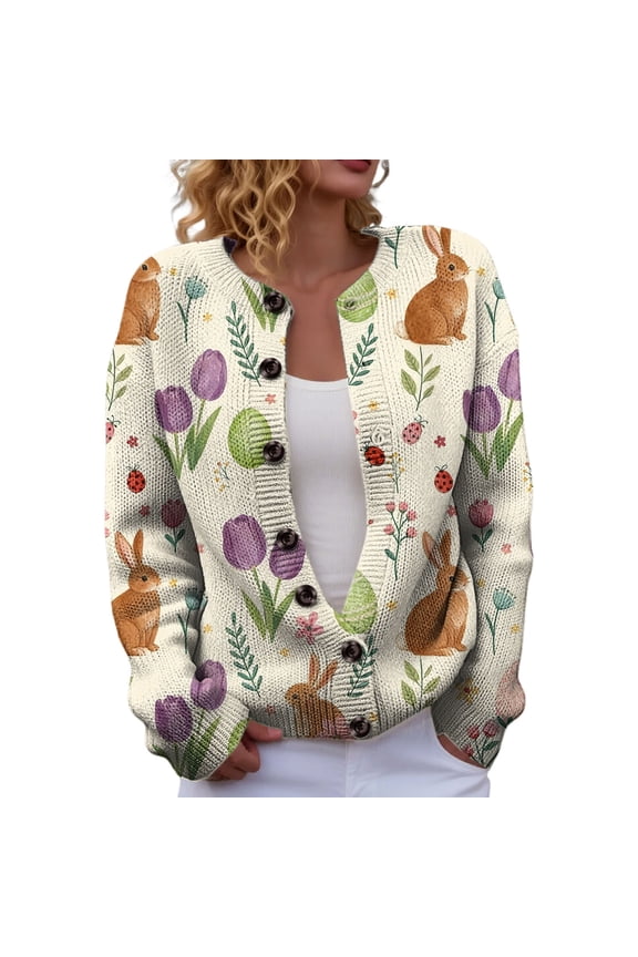 Women's Easter Bunny Colorful Eggs Print Button Down Knit Cardigan Lightweight Soft Cozy Long Sleeve Spring Coat with Pockets - Holiday Fashion Sweater Purple XXL