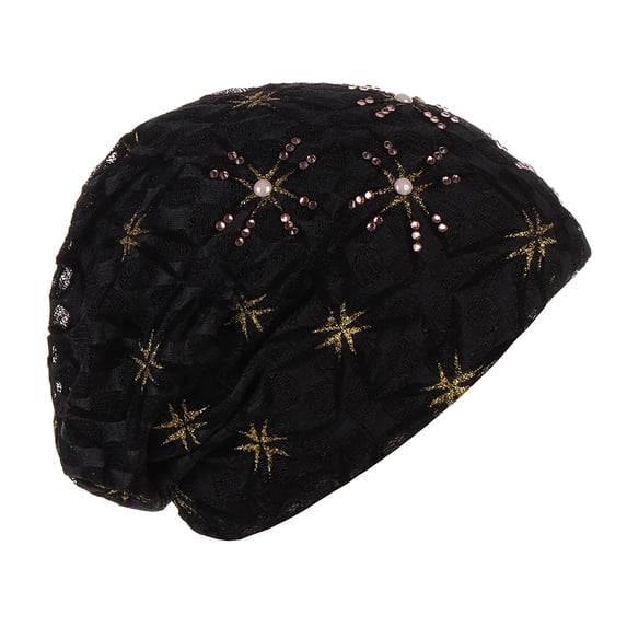 NMMUED Women's Elegant Floral Beaded Slouchy Beanie Hat Soft Lightweight Chemo Cap Hair Loss Headwear Black One Size