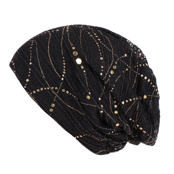 NMMUED Women's Elegant Sparkly Slouchy Beanie Hat Glitter Wavy Line Thin Skull Cap Chic Baggy Headwear Black One Size