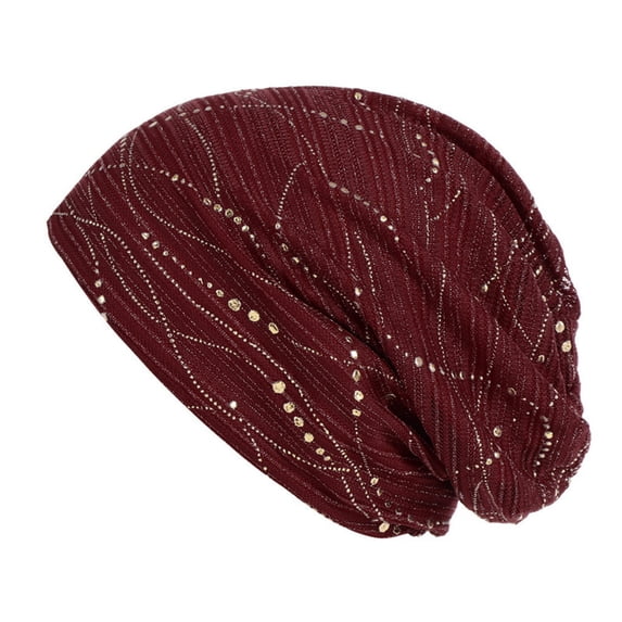 NMMUED Women's Elegant Sparkly Slouchy Beanie Hat Glitter Wavy Line Thin Skull Cap Chic Baggy Headwear Wine Red One Size