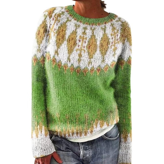 NMMUED Women's Fair Isle Sweater Casual Crewneck Long Sleeve Heart Sweater Vintage Knit Jumper Tops Green 4XL