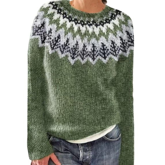 NMMUED Women's Fair Isle Sweaters Heart Printed Long Sleeve Crew Neck Loose Casual Pullover Sweater Army Green L
