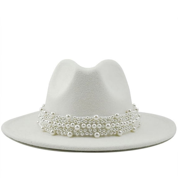 NMMUED Women's Fashion Flat Wide Brim Hat Classic Felt Panama Hat with Belt Buckle White L
