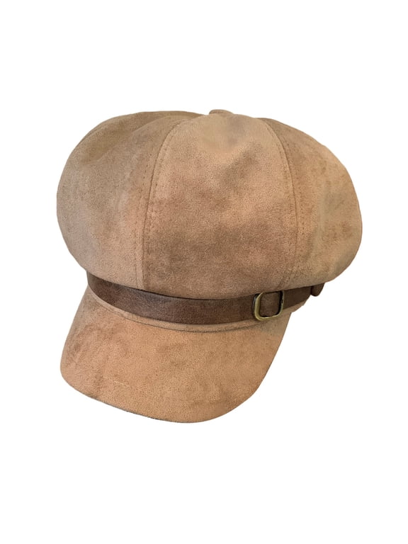 Women's Faux Suede Newsboy Cap Vintage Baker Boy Hat with Buckle Strap Cabbie Cap Fall Winter Khaki One Size
