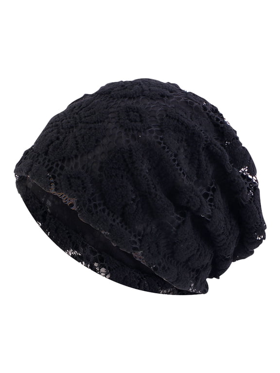 Women's Floral Lace Slouchy Beanie Elegant Sheer Knit Skull Cap Boho Baggy Hat Headwear Black One Size