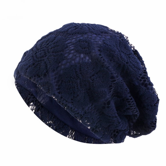 NMMUED Women's Floral Lace Slouchy Beanie Elegant Sheer Knit Skull Cap Boho Baggy Hat Headwear Navy One Size