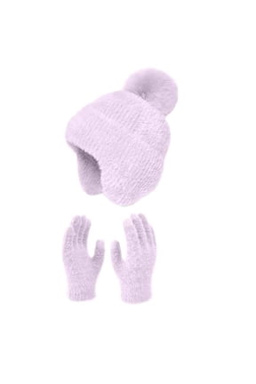 Women's Fluffy Beanie Hat and Gloves Set Winter Warm Pom Earflap Cap Cozy Fuzzy 2 Piece Accessories Pink One Size