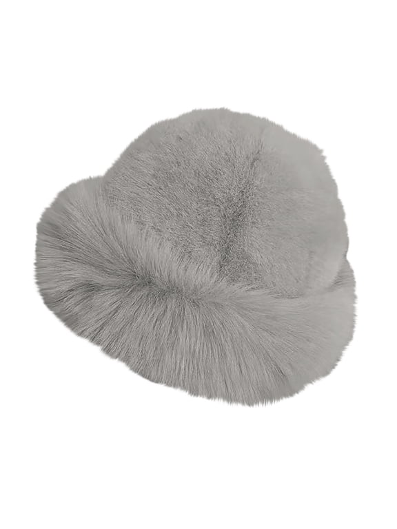 Women's Fluffy Faux Fur Hat Thick Warm Winter Snow Cap Fuzzy Bucket Hat Cozy Outdoor Headwear Gray One Size