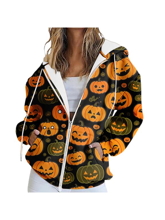 Women's Halloween Hoodie Zip Up Spooky Aesthetic Pumpkin Graphic Casual Coat Brown 2 M