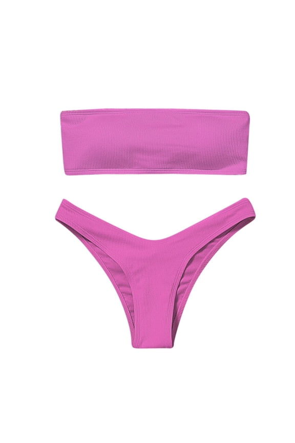 Women's High Cut Bikini Sets Two Piece Bathing Suits Ribbed Bandeau Strapless Swimsuits V-cut Bottom Tube Top Swimwear Summer Vacation Tropical Poolside Wear Pink M