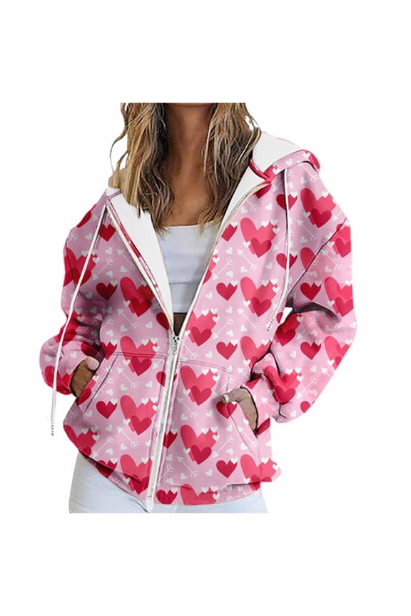 Women's Hoodies Womens Zip Up Hoodie Valentine Love Heart Print Fashion Hoodies Heart Jacket Red Valentines Love Heart Y2k Tops Red Holiday Tops for Women Red 3